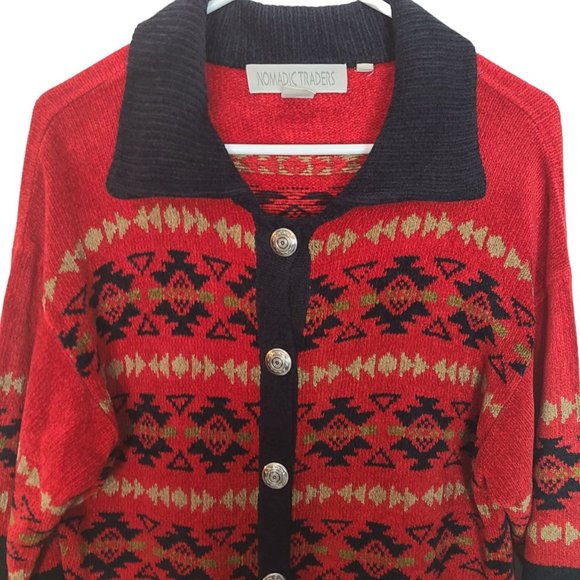 Nomadic Traders Womens L Red Black Southwestern Button Front Cardigan Sweater - Picture 2 of 7